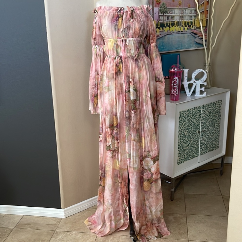 THE DOLLS HOUSE Bardot Style Vintage Rose Silk Maxi Dress